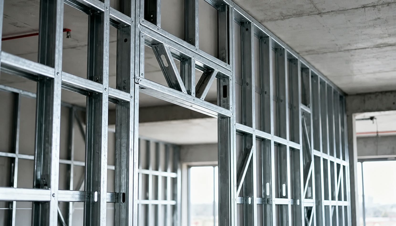 Interior light-gauge steel wall framing before finishes